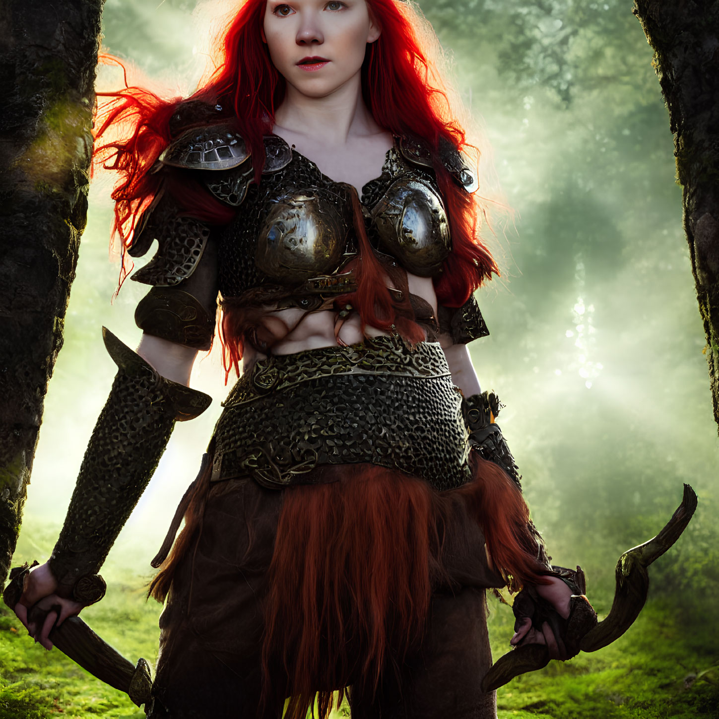 Red-Haired Warrior in Fantasy Armor Wielding Blades in Misty Forest