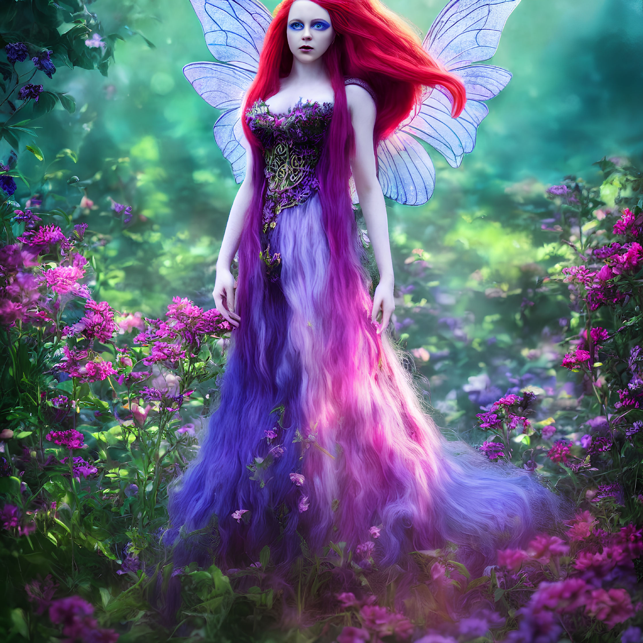 Colorful fairy with red hair and iridescent wings in a floral setting