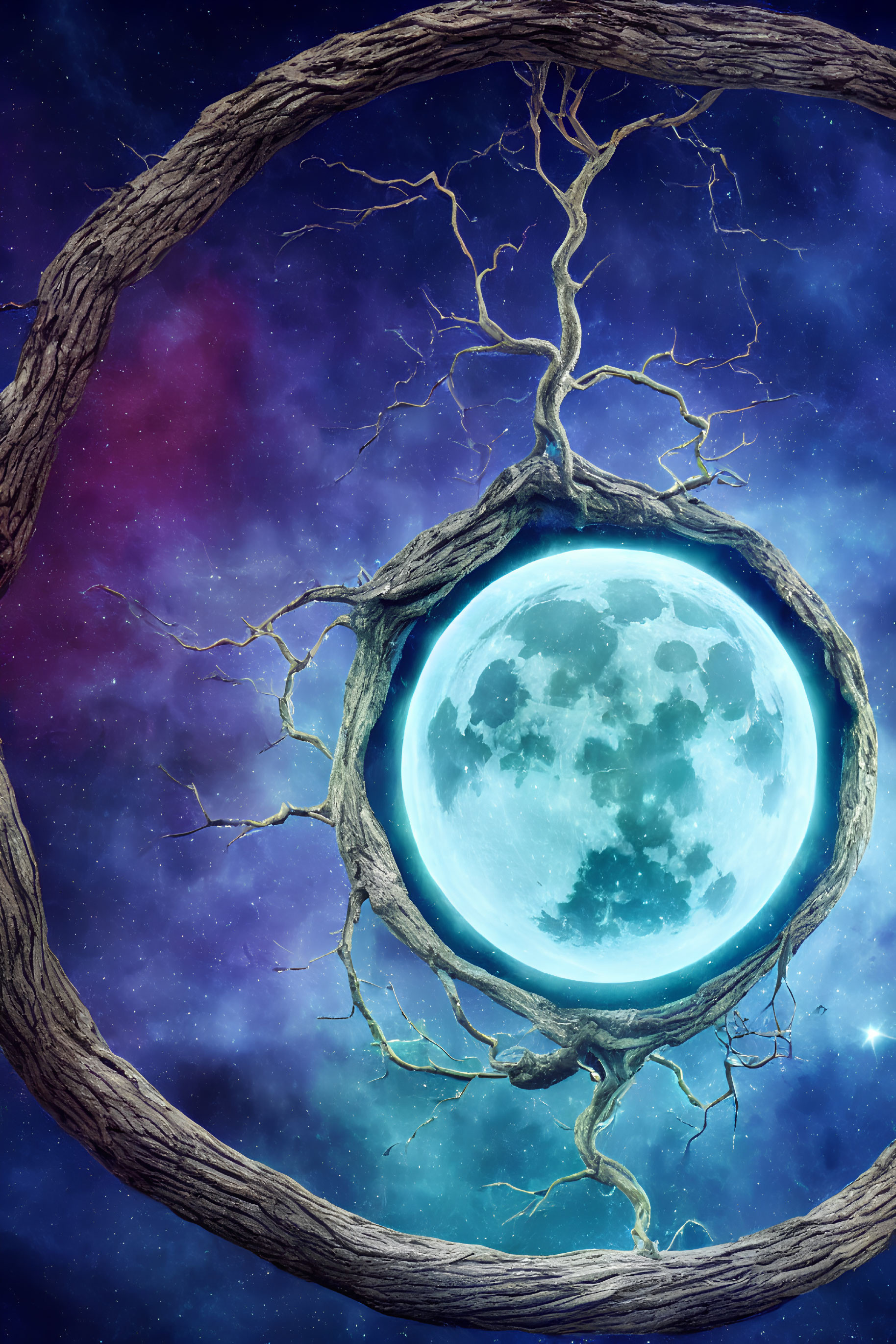 Full moon surrounded by twisted tree branches in surreal cosmic scene