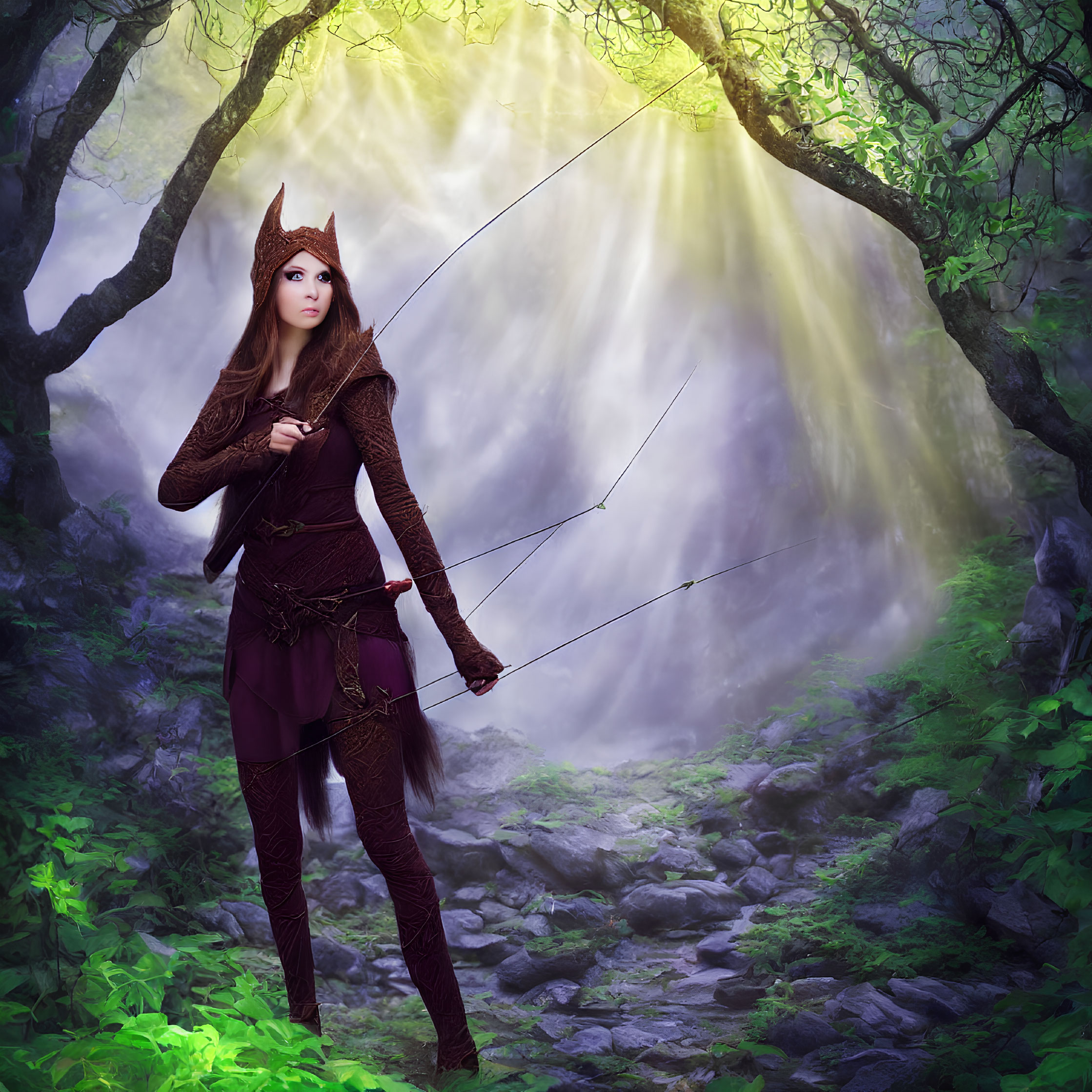 Archer costume in fantasy woodland with waterfall