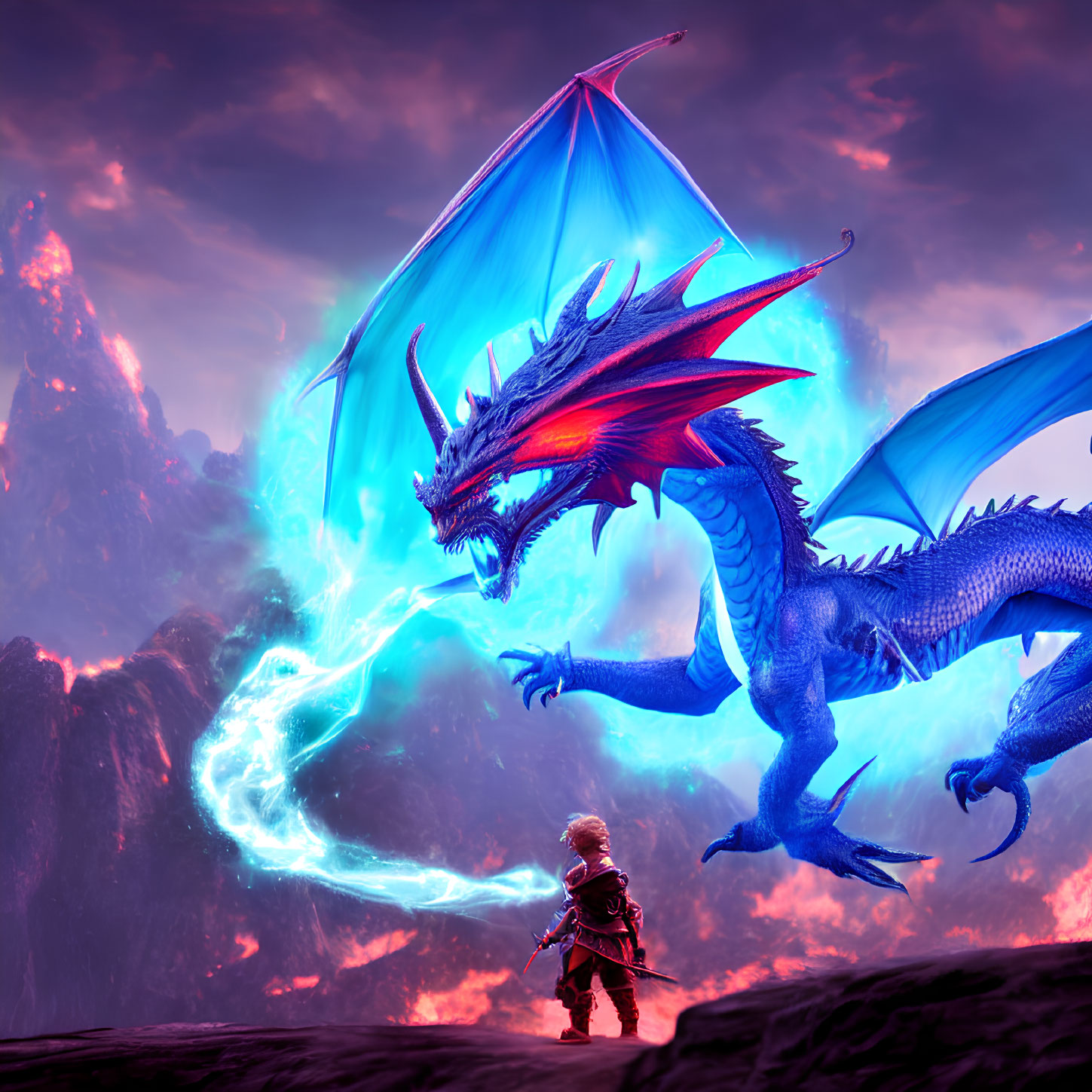 Warrior vs. Blue Dragon in Volcanic Landscape with Energy Orb