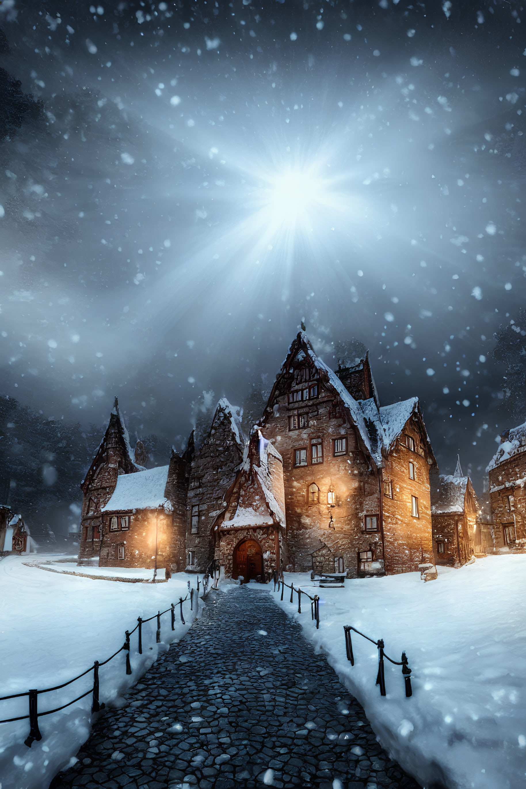 Snow-covered Medieval Town with Cobblestone Path and Bright Star