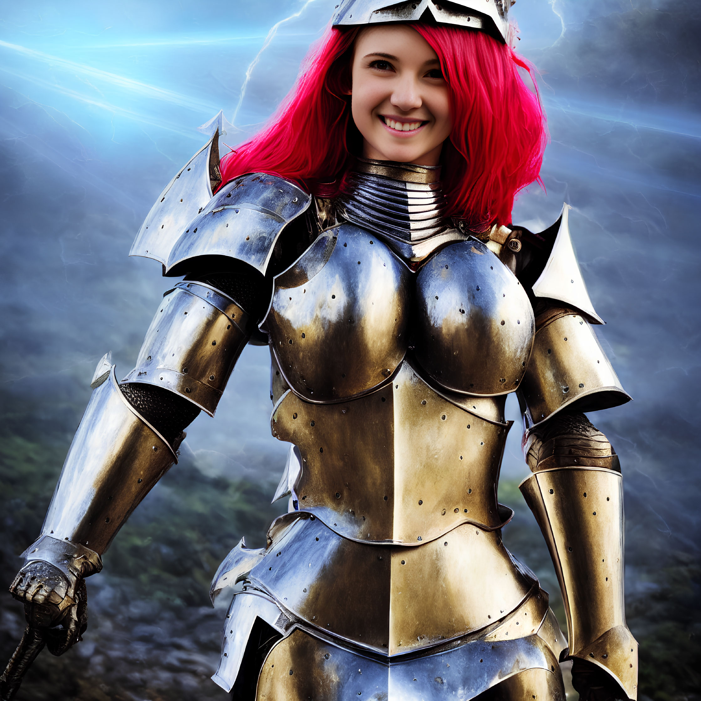 Person in Red Hair in Shiny Medieval Armor with Lightning Background