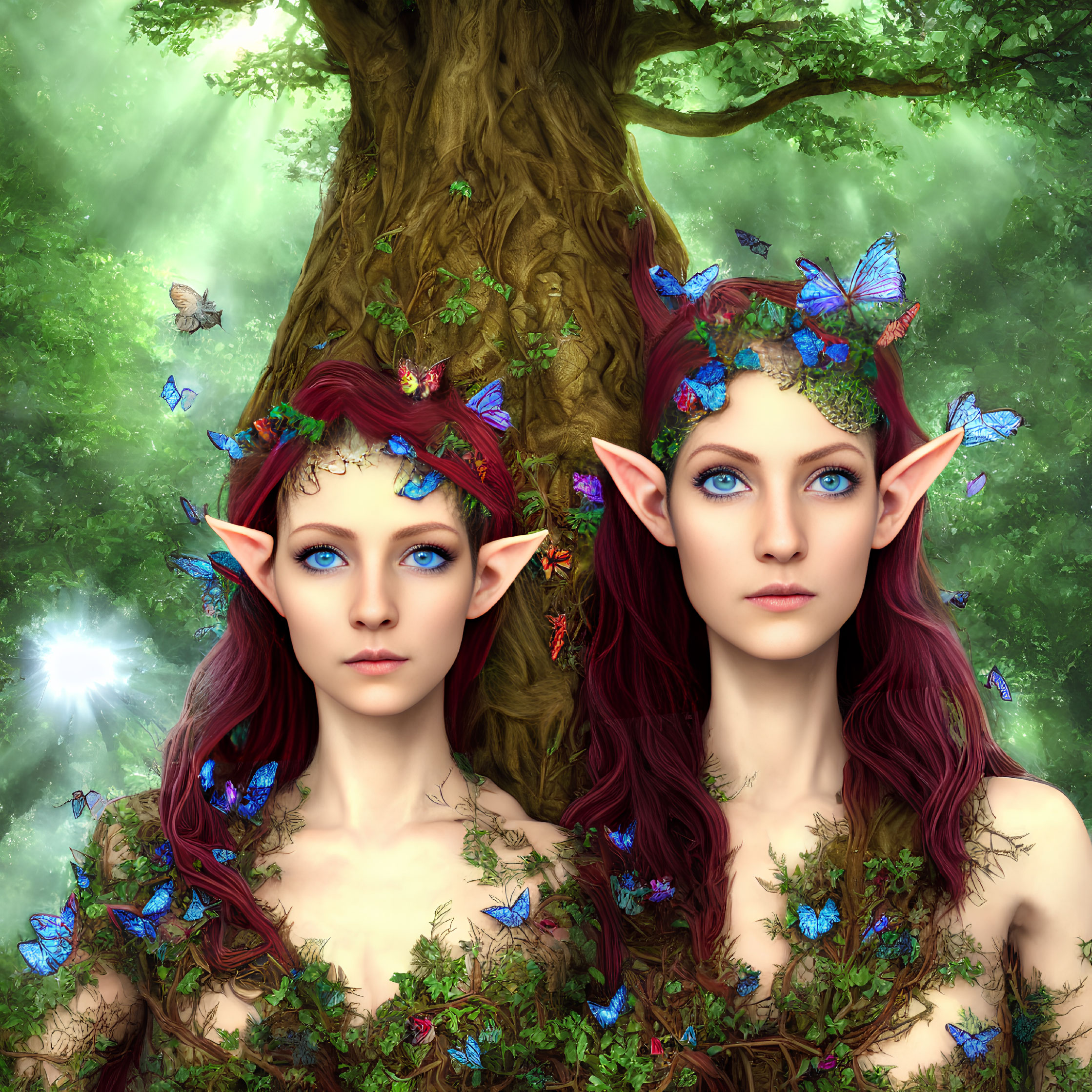 Fantasy elves with pointed ears in floral crowns among butterflies