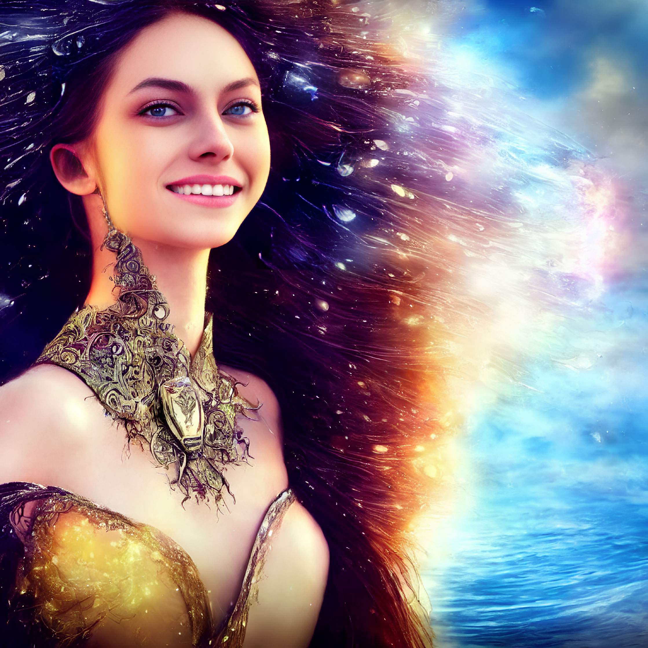 Digital artwork: Smiling woman with flowing hair in cosmic background and ornate golden shoulder armor.