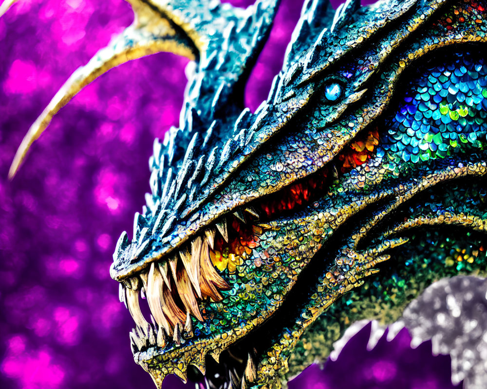 Colorful dragon head illustration with iridescent scales on magenta background