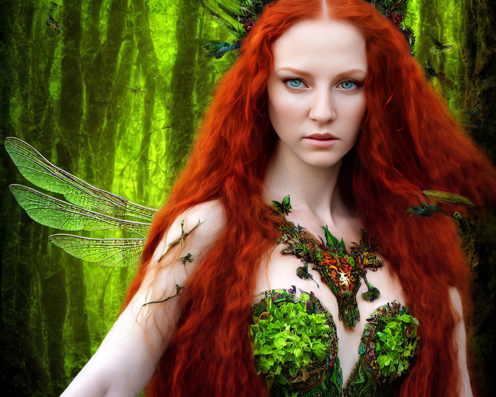 Red-haired fantasy figure with green headpiece and shoulder adornments in mossy backdrop