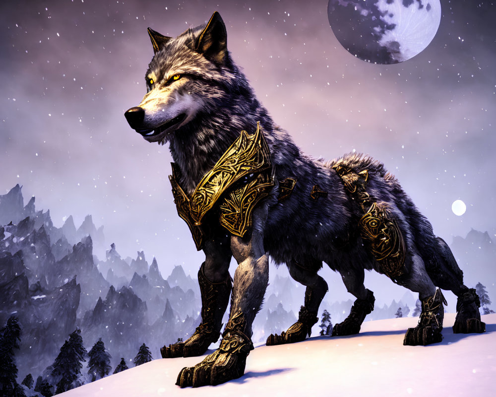 Armored wolf in snowy landscape under moonlit sky