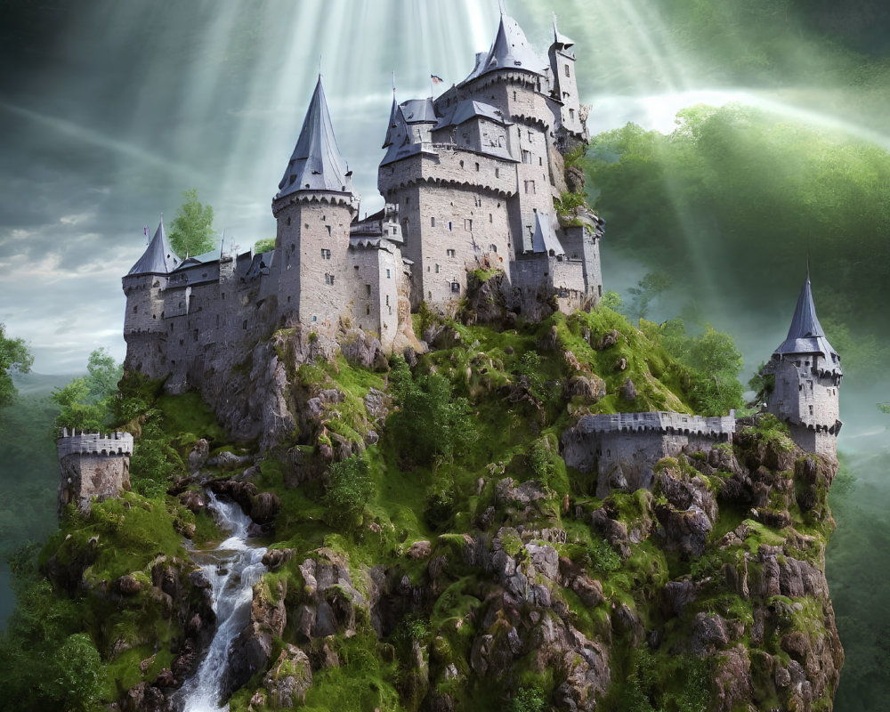 Castle on Verdant Hill with Cascading Waterfalls and Ethereal Light Beams