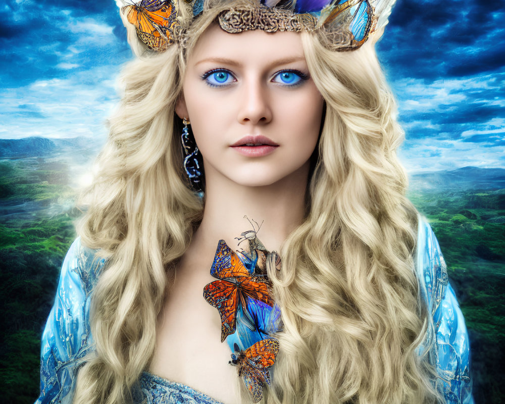 Blonde woman with blue eyes in butterfly dress and crown against scenic background