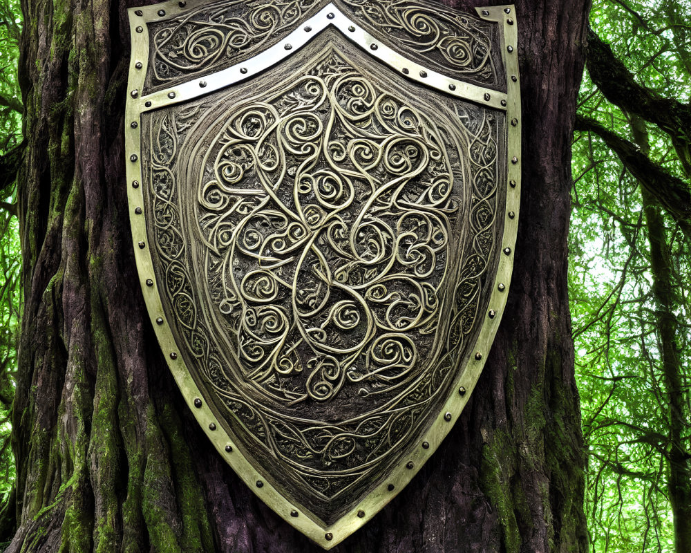 Intricate Metal Shield on Tree Trunk with Greenery