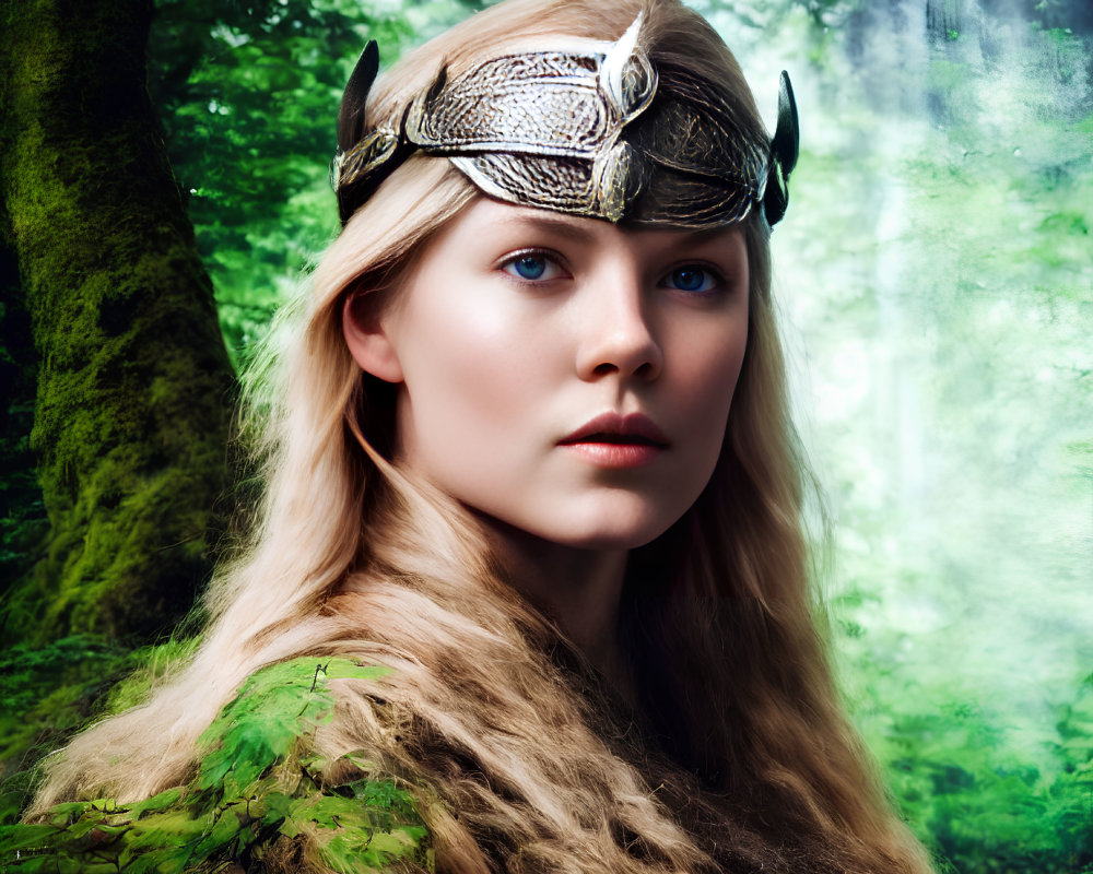 Blonde woman in silver winged helmet in misty forest