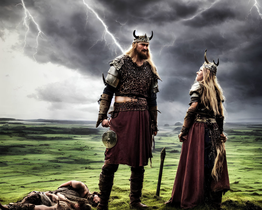 Viking warriors in traditional armor on grassy field under stormy sky with lightning, defeated enemy.