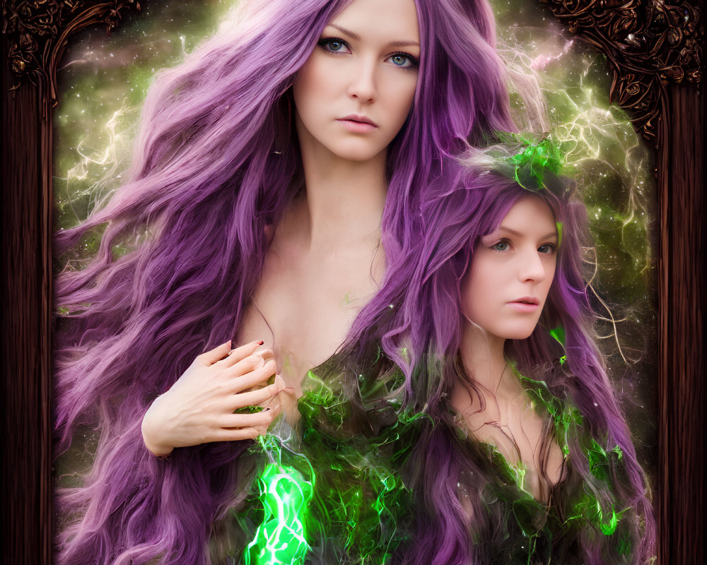 Dual fantasy portrait featuring women with long purple hair, ivy, and mystical green energy.