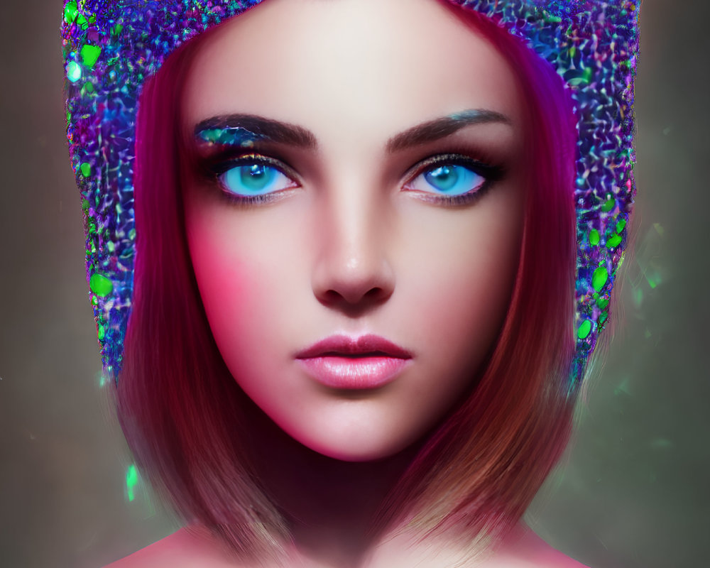 Digital artwork featuring woman with vibrant blue eyes, pink hair, and glittery cat ear headband