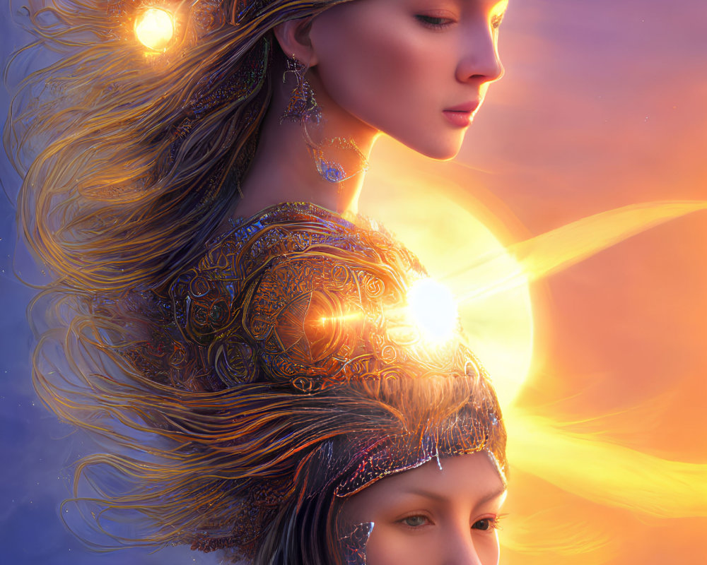 Ethereal women digital art portrait with ornate headpieces and sunset backdrop