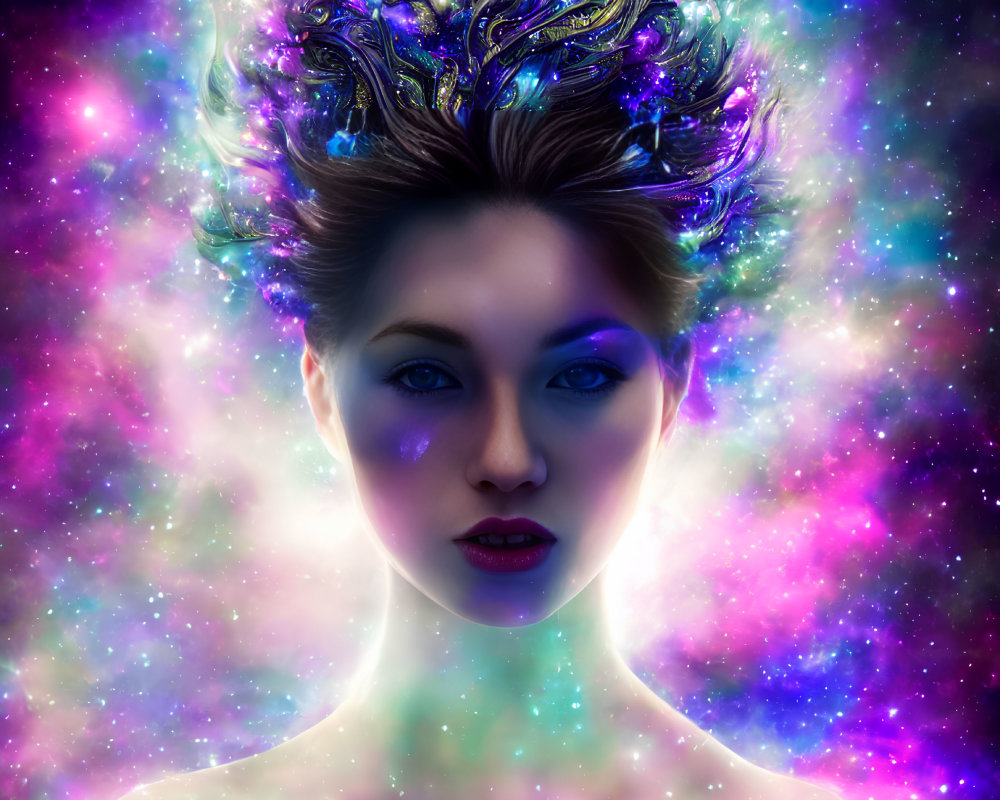 Surreal portrait of woman with glowing skin and ornate headdress against cosmic background