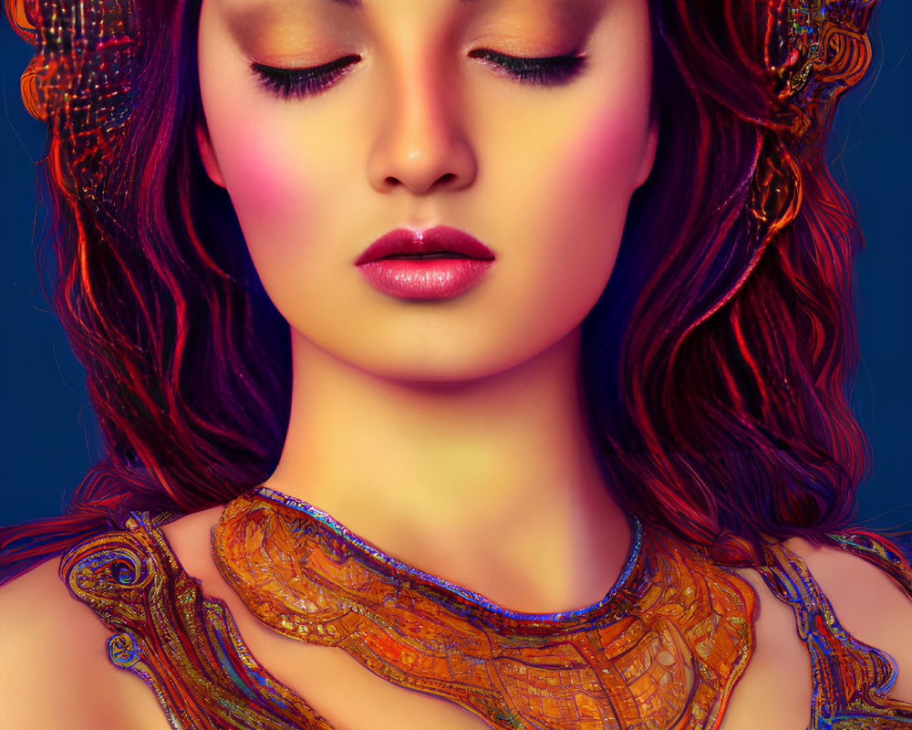 Colorful digital portrait of a woman with closed eyes and futuristic headgear.