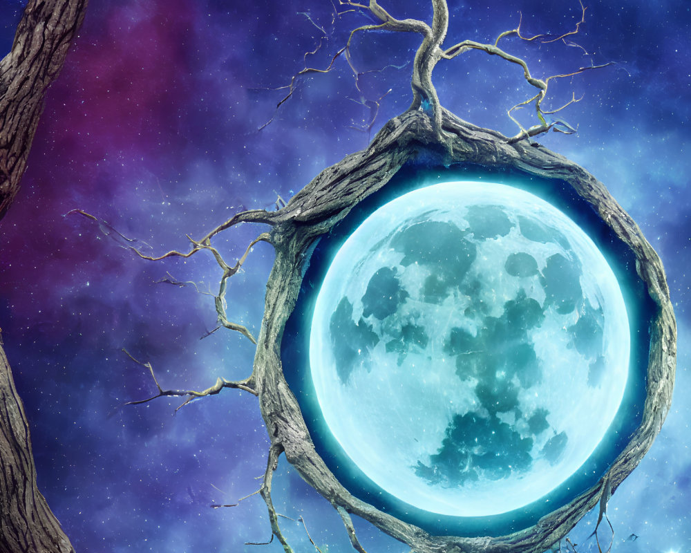 Full moon surrounded by twisted tree branches in surreal cosmic scene