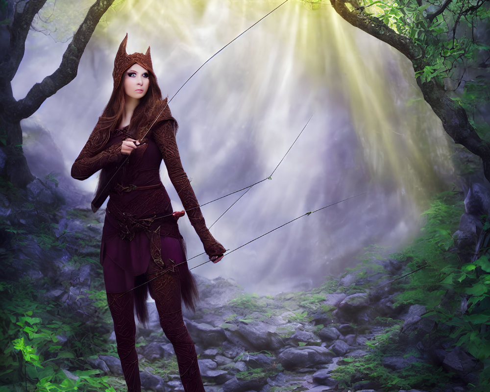 Archer costume in fantasy woodland with waterfall