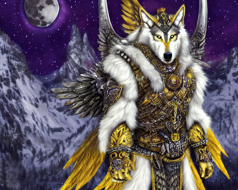 Anthropomorphic wolf warrior in ornate armor against snowy mountain landscape