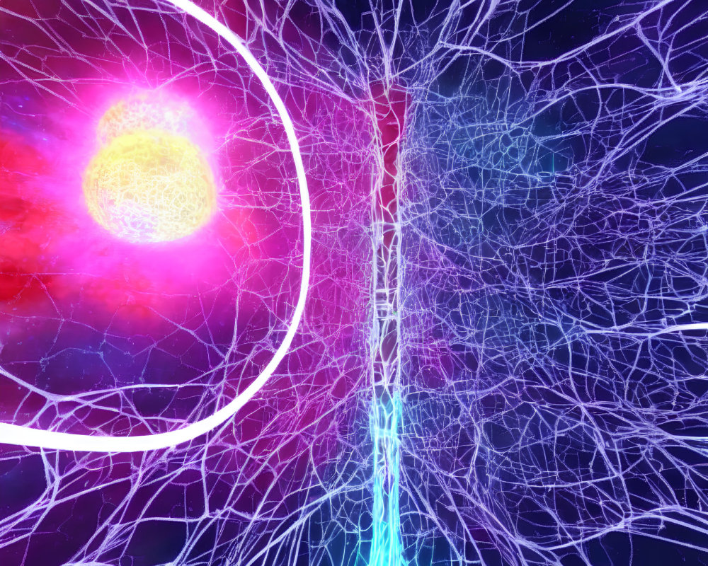 Colorful digital art: glowing yellow sphere with neon pink and blue tree-like networks on dark background