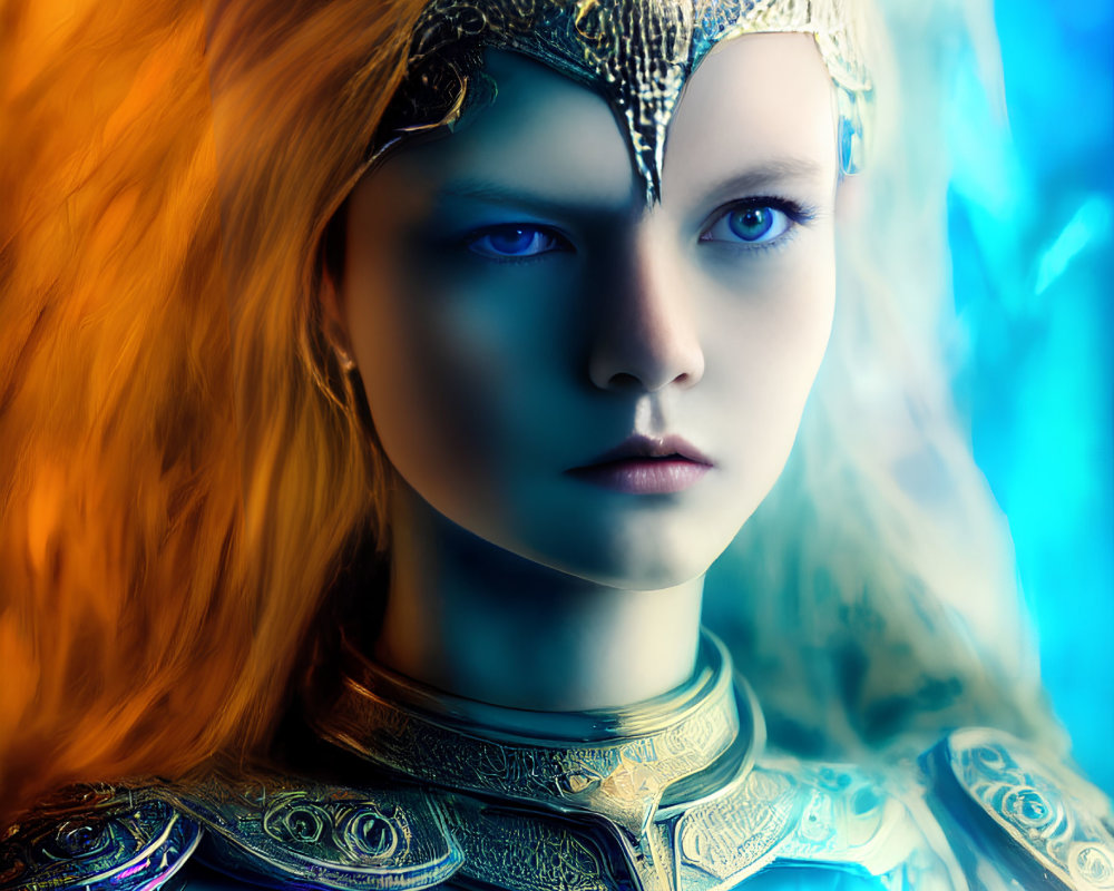 Fantasy portrait featuring person with blue eyes, ornate headpiece, armor, fiery hair, blue