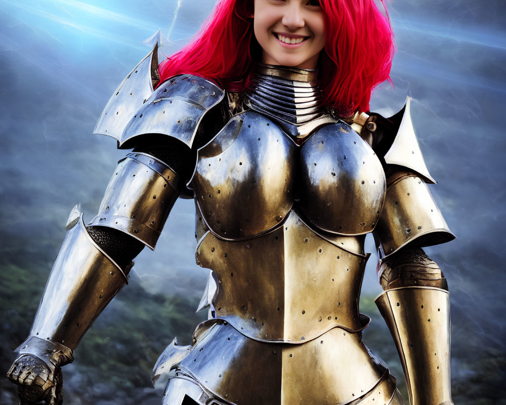 Person in Red Hair in Shiny Medieval Armor with Lightning Background