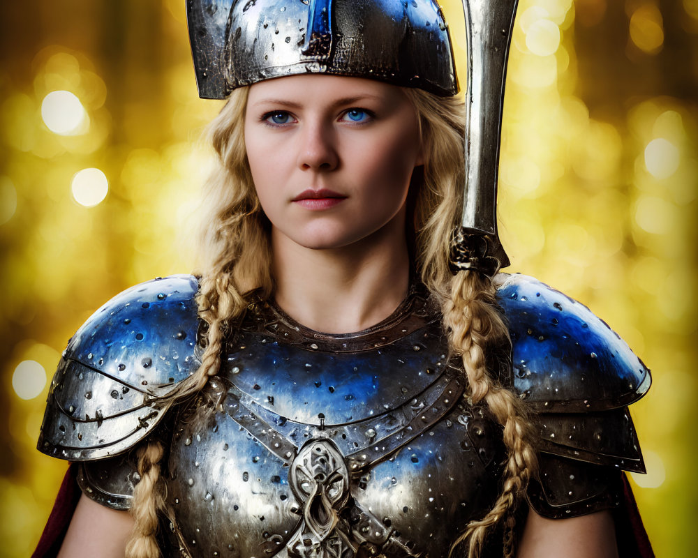 Blonde Woman in Viking Costume with Helmet and Armor on Golden Bokeh Background