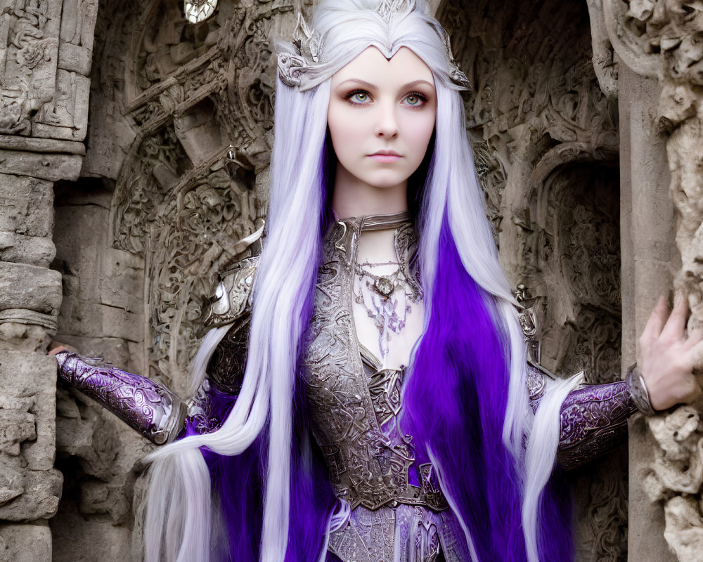 Purple-haired woman in fantasy attire with elf ears against ornate stone backdrop