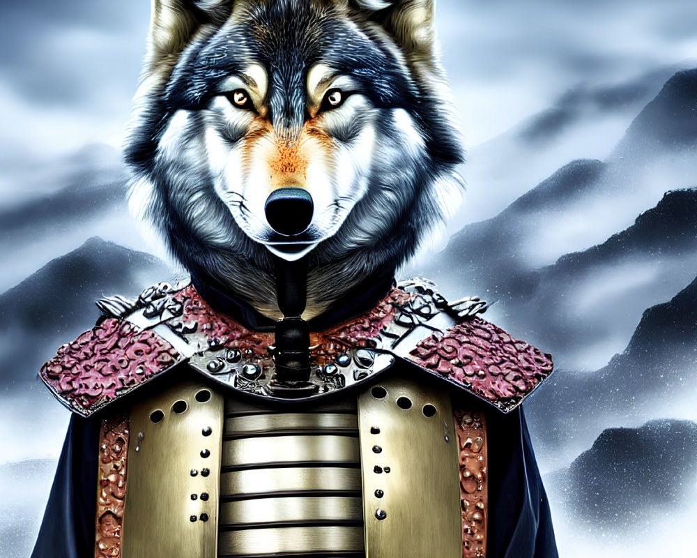 Digital artwork: wolf head on samurai body with mountain backdrop