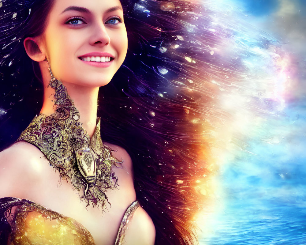 Digital artwork: Smiling woman with flowing hair in cosmic background and ornate golden shoulder armor.