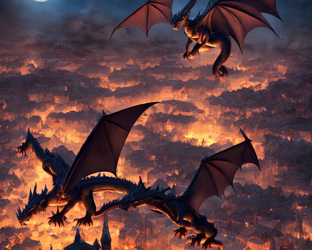 Three dragons flying over medieval city at night with fires and full moon