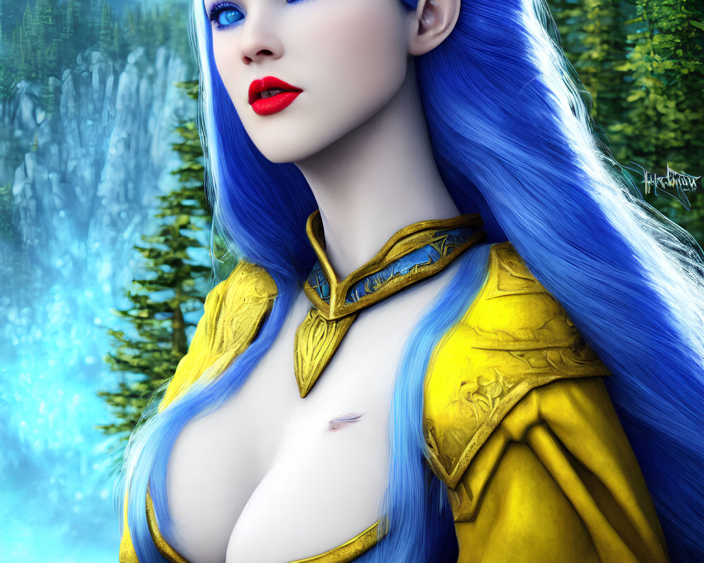 Fantasy digital art: Blue-skinned woman in golden armor in lush forest