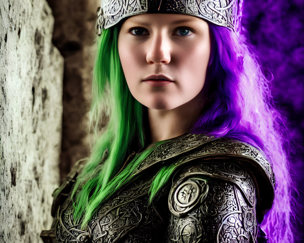 Woman in ornate armor and detailed helmet with green and purple hair, standing by mystical stone wall.