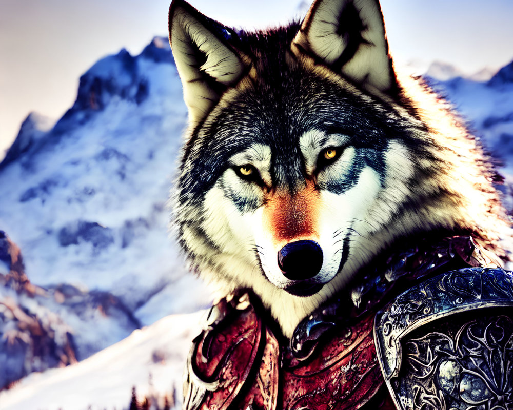Digital Artwork: Wolf with Human-like Eyes in Ornate Armor & Snowy Mountain Backdrop