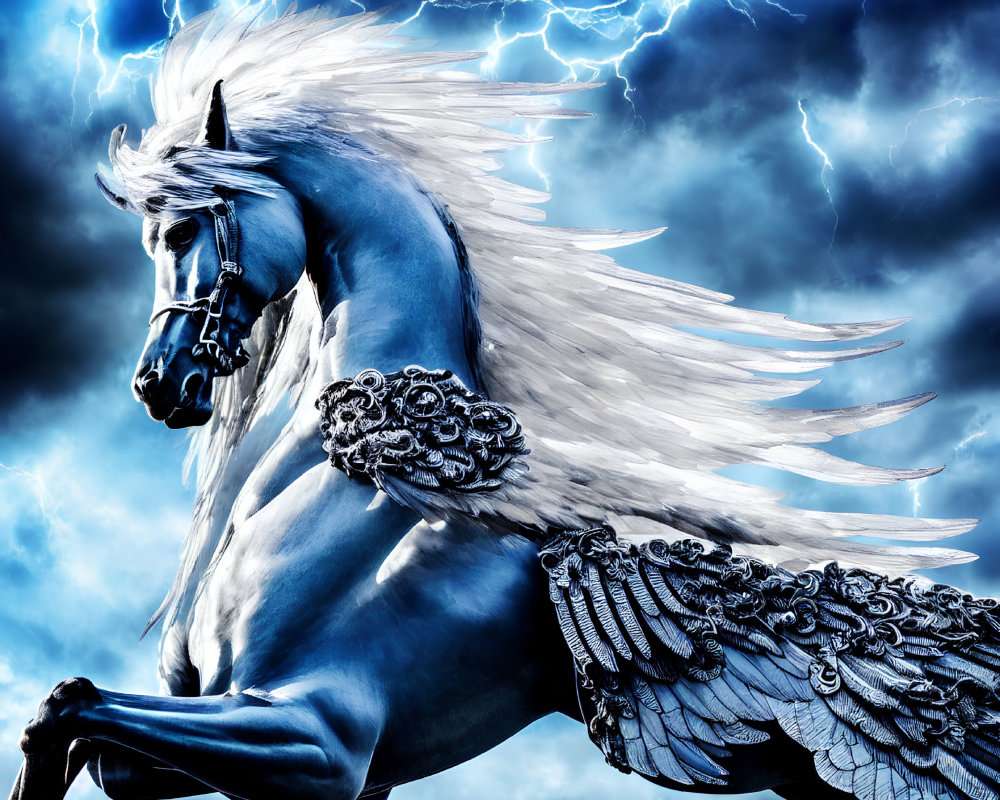 Majestic winged horse with white mane under dramatic sky with lightning bolts