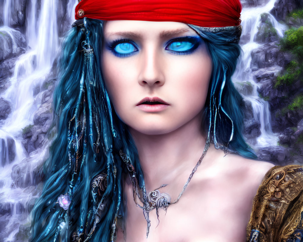 Detailed illustration of woman with blue eyes, turquoise hair, red bandana, and waterfall.