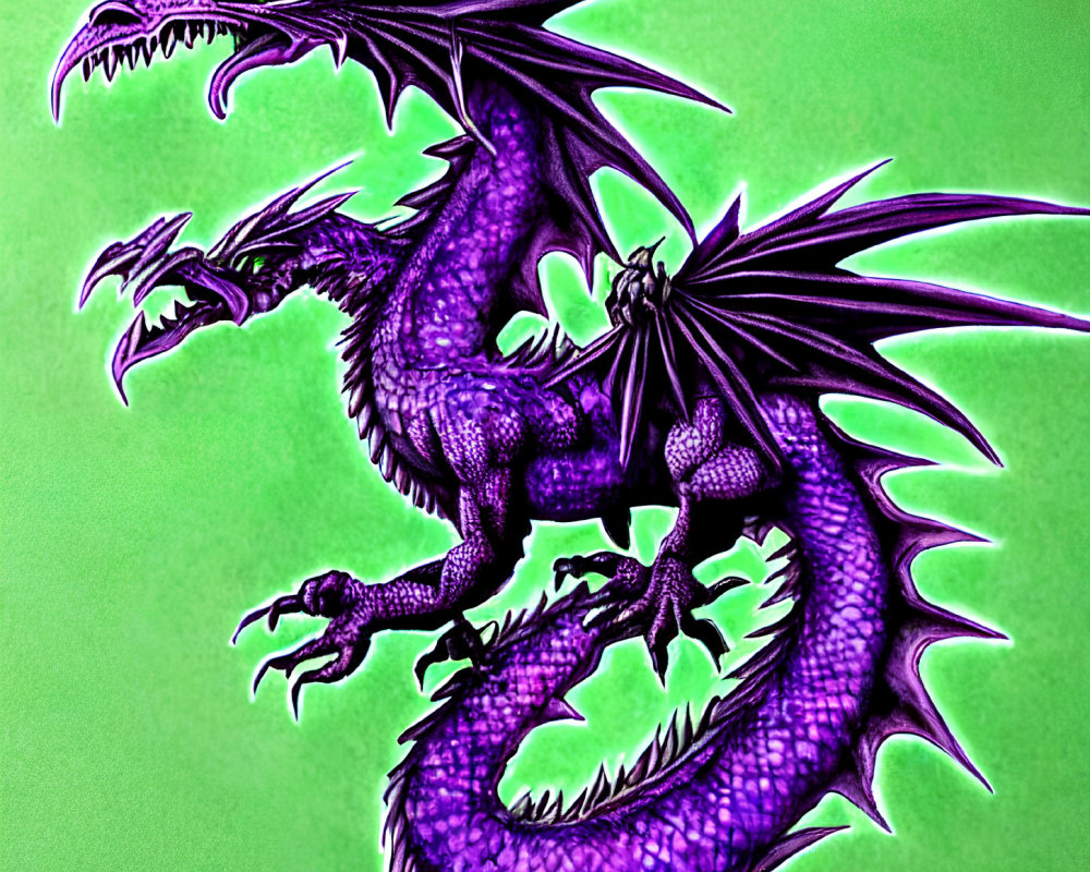 Detailed purple two-headed dragon illustration on green background