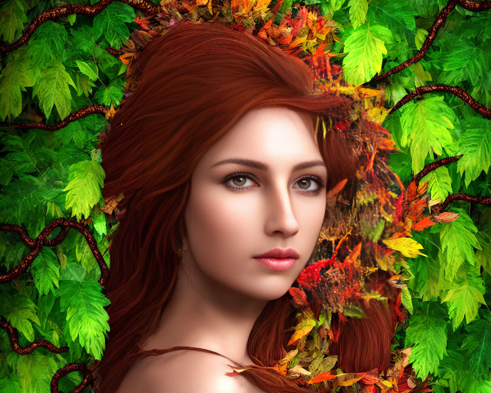 Digital portrait: Woman with red hair in nature setting