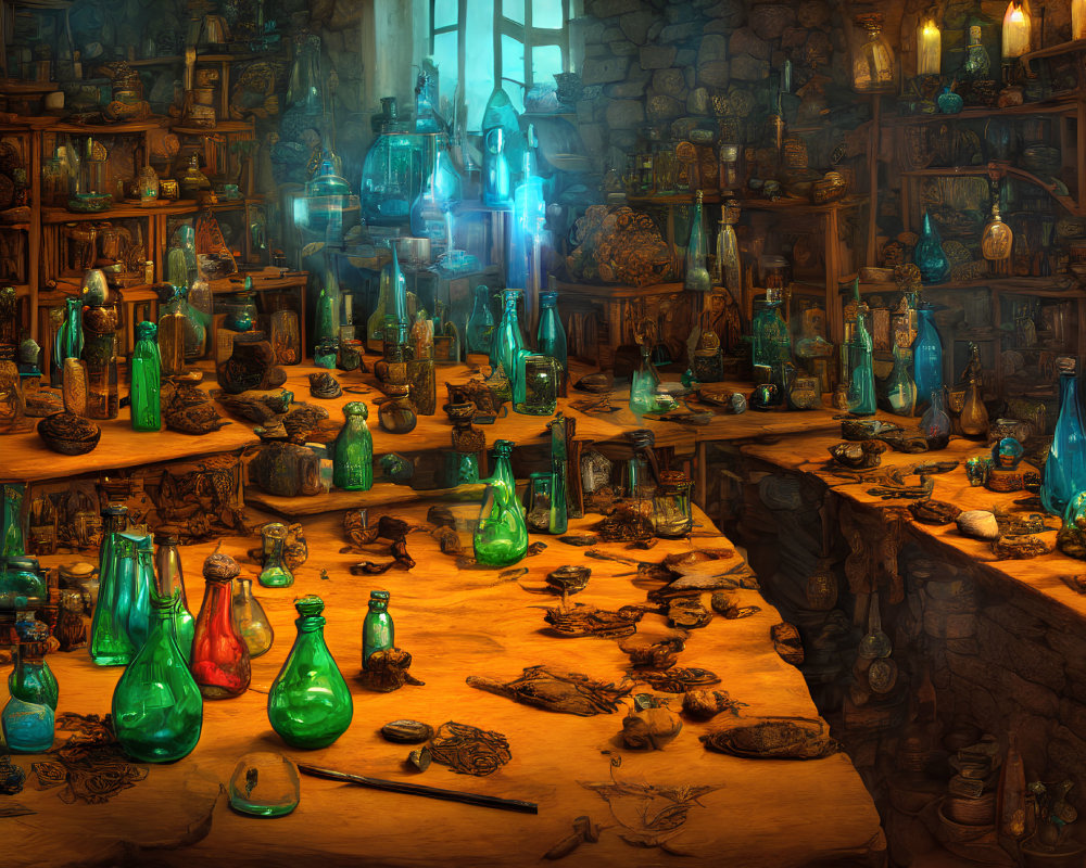 Detailed Alchemist's Laboratory with Colorful Glass Bottles and Mystical Ingredients