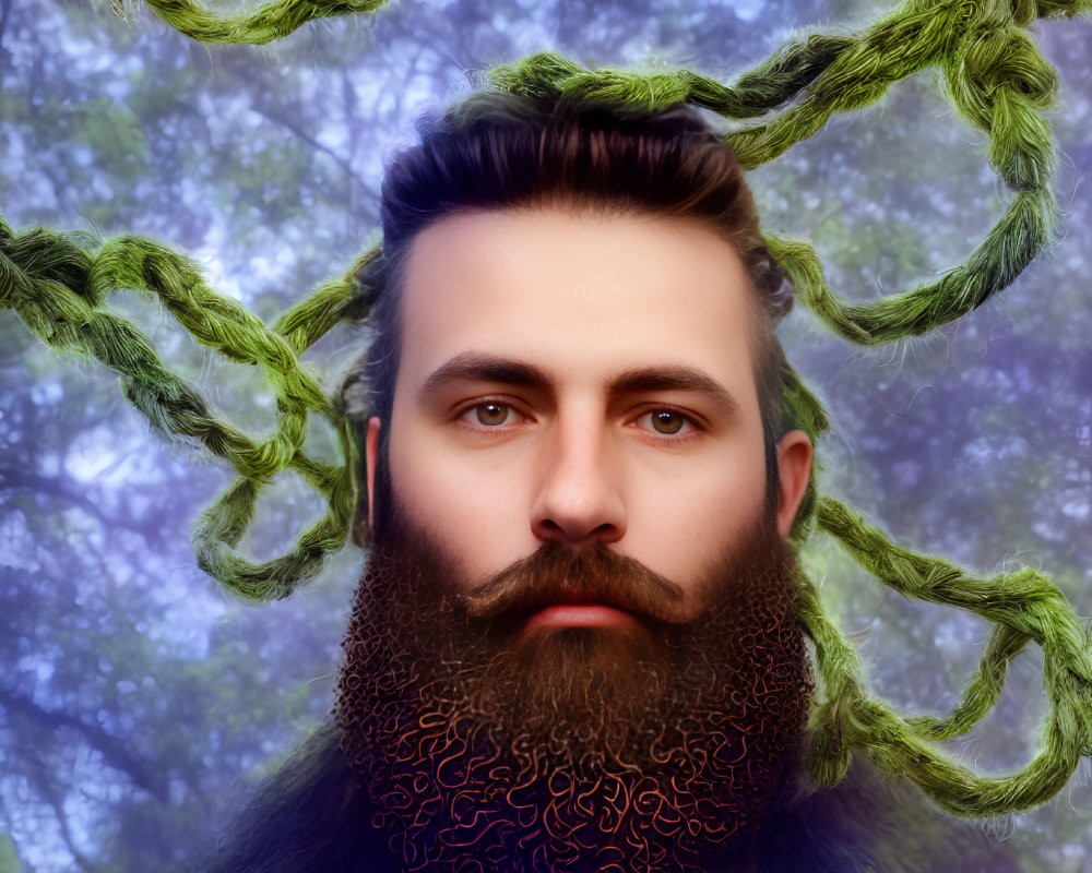 Surreal portrait of man with thick beard and green vine-like tendrils