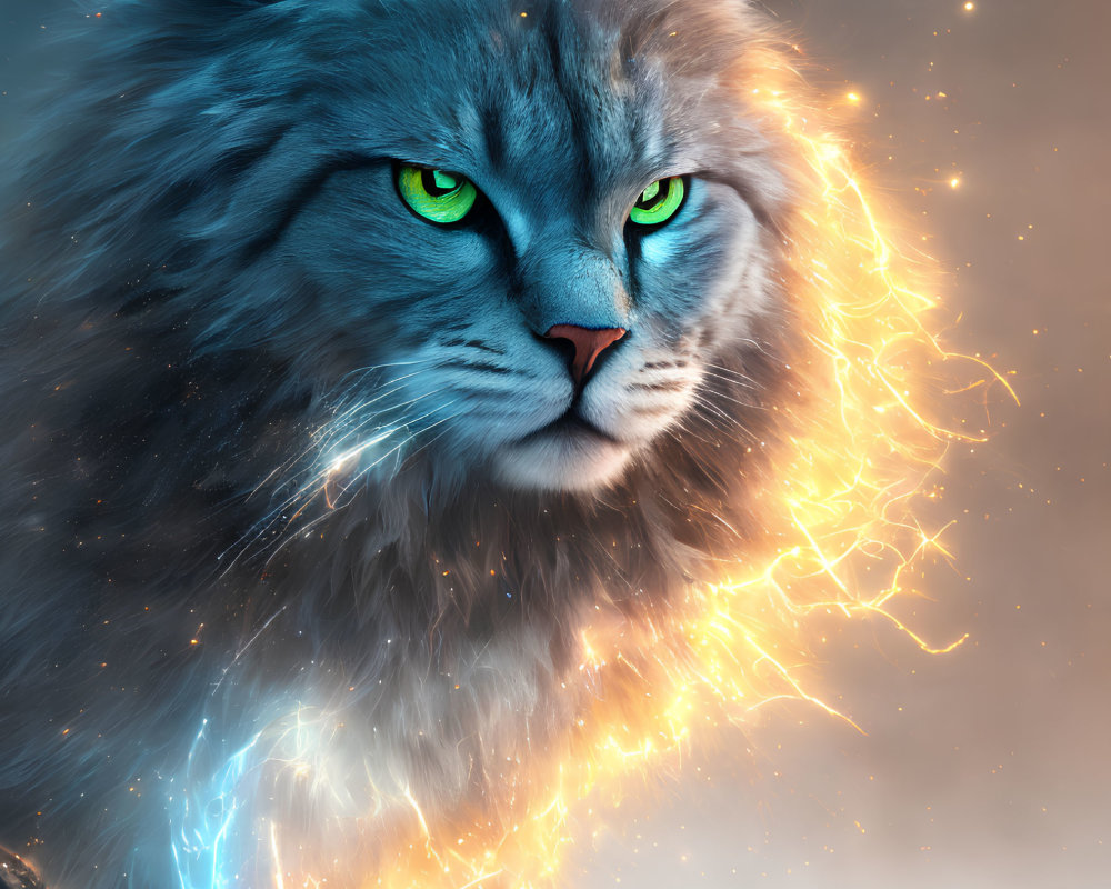 Large Blue Cat Artwork with Green Eyes and Ethereal Energy