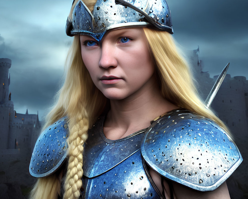 Blonde Viking warrior in horned helmet against stormy sky