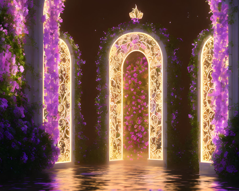 Enchanting pathway with illuminated arches and purple flowers leading to ornate gate