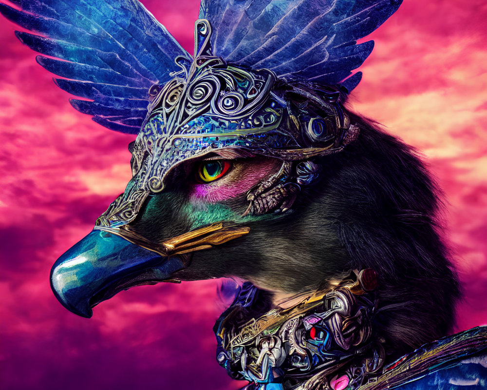 Colorful Creature with Bird Head in Armor on Pink and Purple Background