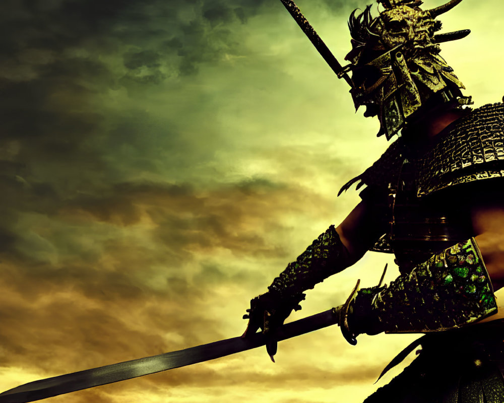 Silhouetted samurai in armor with sword against dramatic sunset sky