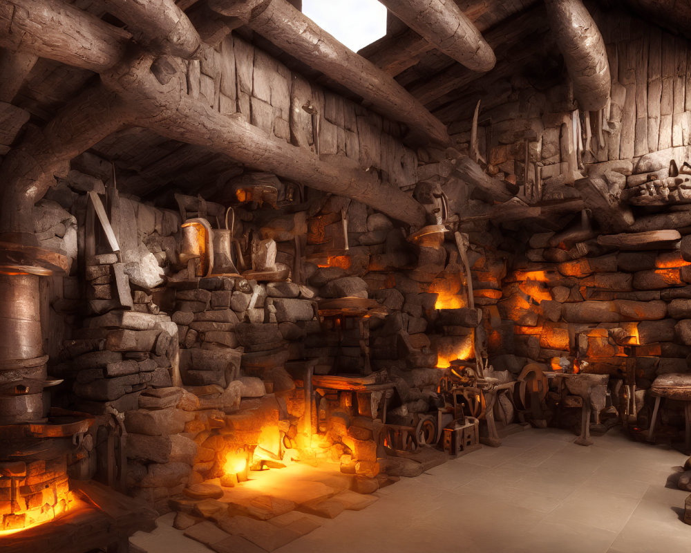 Medieval Blacksmith Workshop with Roaring Fire and Anvil