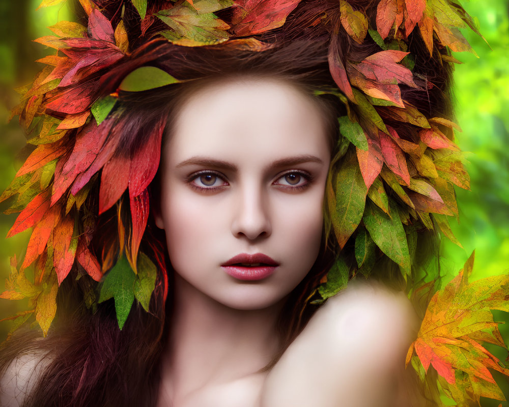 Woman with Vibrant Autumn Leaf Wreath: Fall Themed Portrait