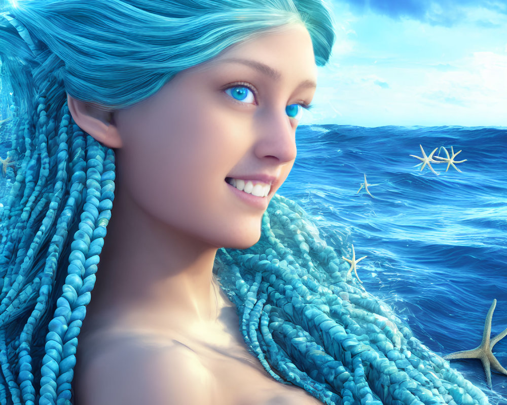 Whimsical portrait of female figure with turquoise hair and sea stars in ocean backdrop